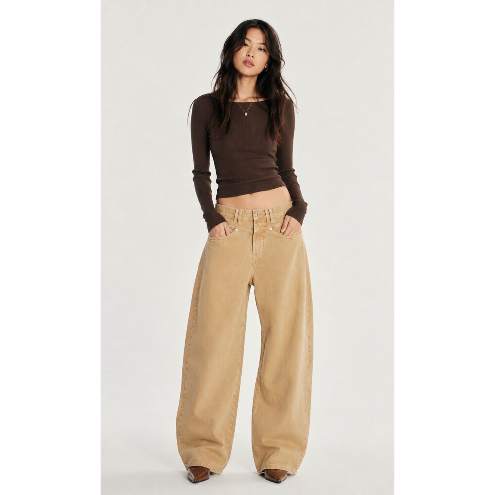 ZARA Tan Barrel Wide Leg Jeans Relaxed Baggy Distressed High Rise V Seam 10 NWT